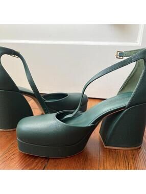 Charlotte Stone Green Leather Platform Heels with Ankle Strap